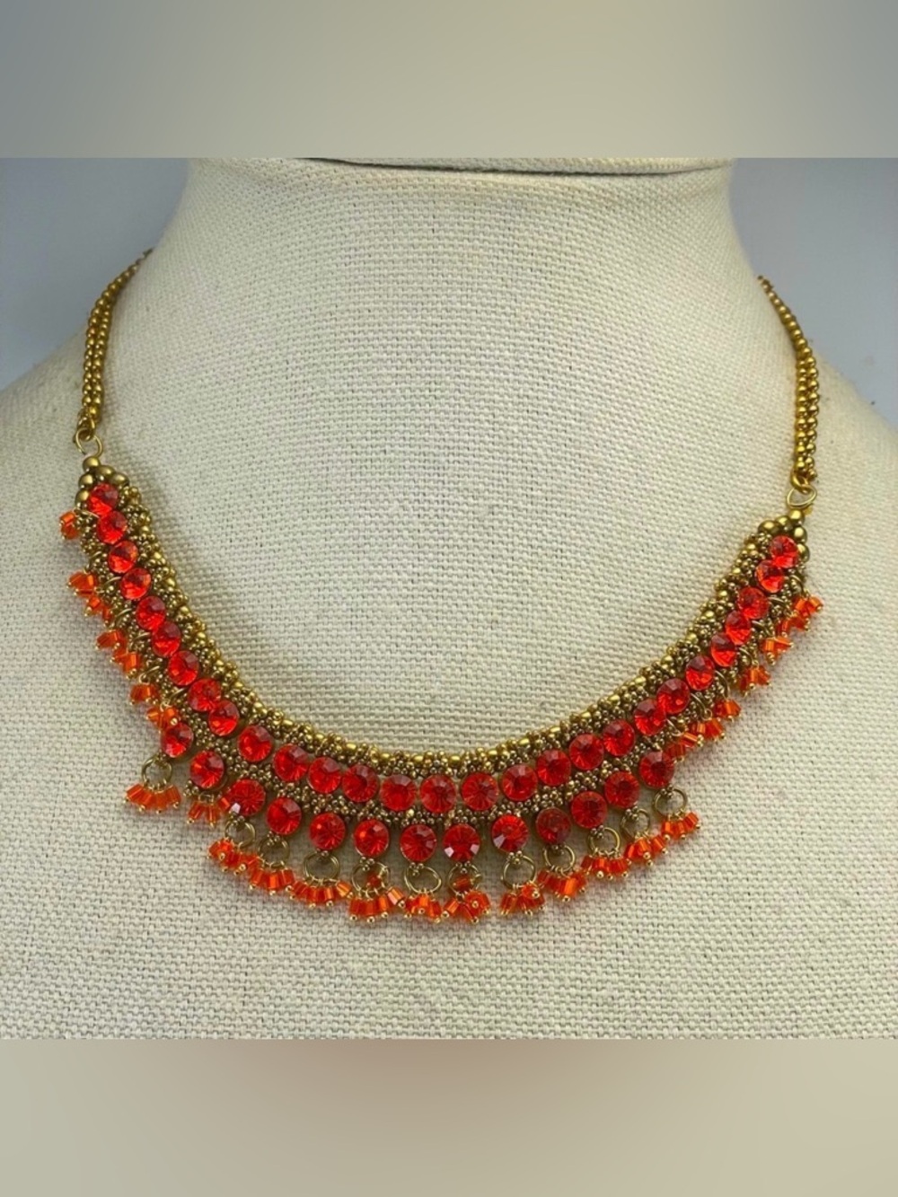 Vintage Gold Tone Beaded Chain Orange Rhinestone Collar Necklace Evening Formal